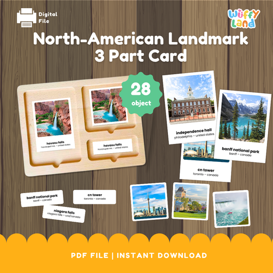 North American landmark 3 part card cover showing Montessori wooden sorting tray with Havasu Falls cards alongside Banff National Park Independence Hall and CN Tower cards