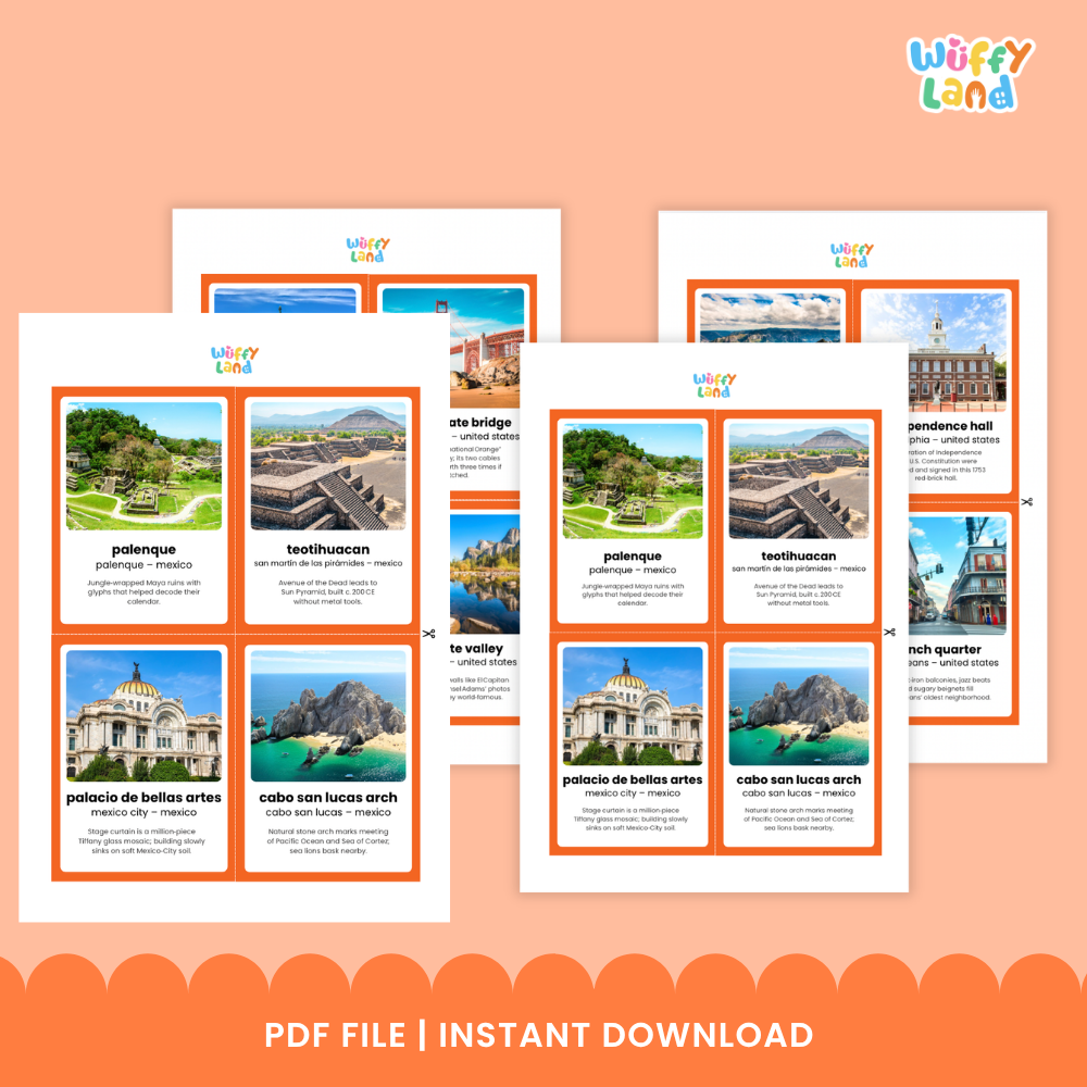 Printable flashcards showing Independence Hall and Palacio de Bellas Artes with location subtitles and educational trivia