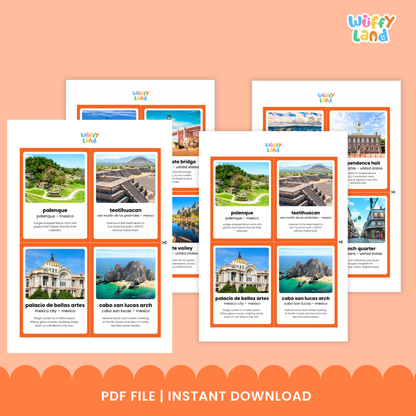 Printable flashcards showing Independence Hall and Palacio de Bellas Artes with location subtitles and educational trivia