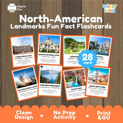 North American landmarks fun fact flashcards cover showing 28 cards featuring Independence Hall Palacio de Bellas Artes Crater Lake and Golden Gate Bridge