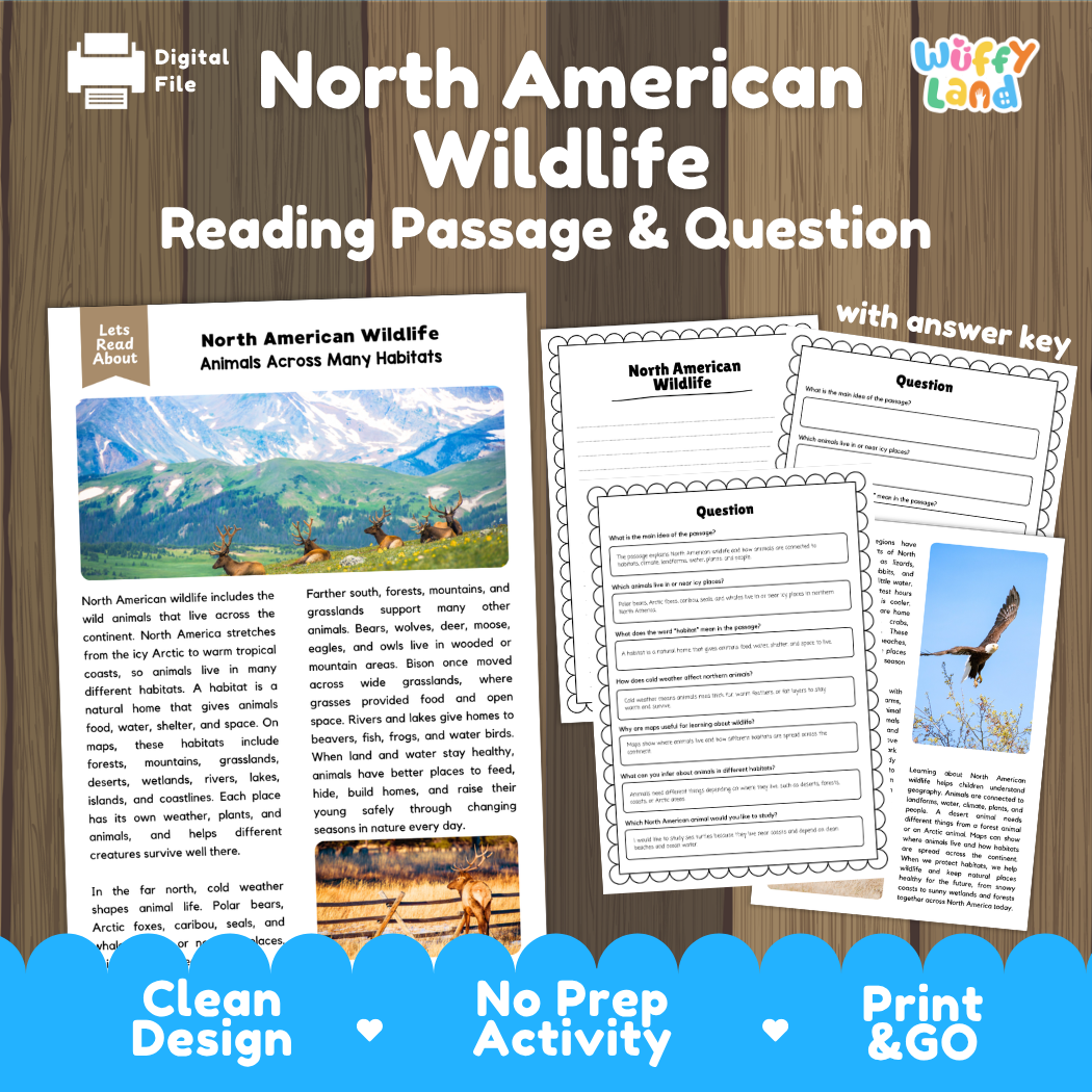 North American Wildlife reading comprehension passage and questions printable activity pack with answer key for elementary students