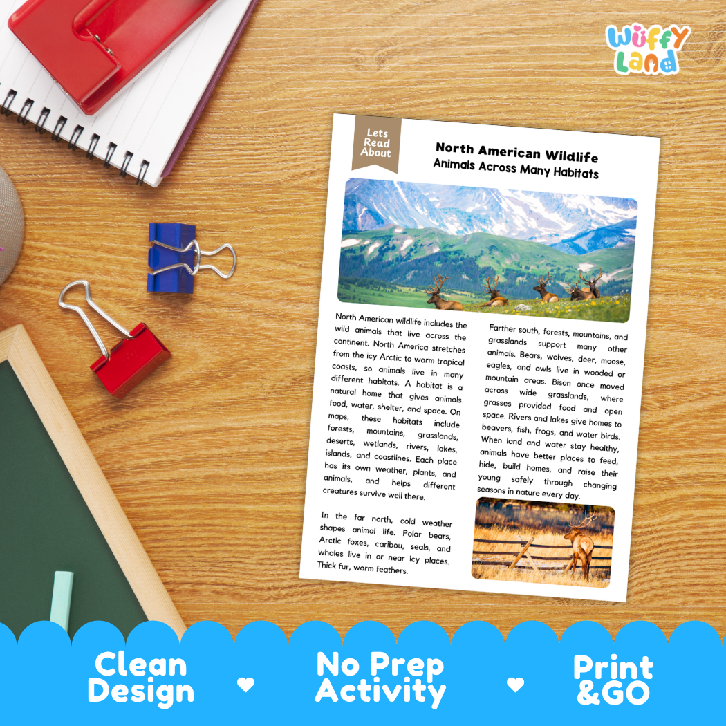 Student reading comprehension worksheet with short-answer questions and lined sections about North American wildlife