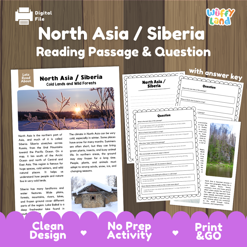 North Asia and Siberia reading comprehension passage and questions printable activity pack with answer key for elementary students