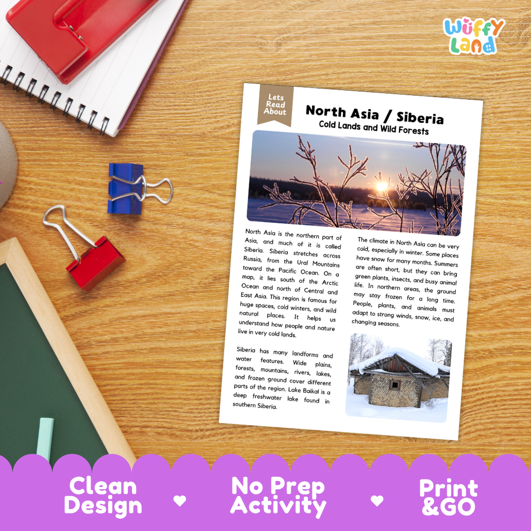 Student reading comprehension worksheet with short-answer questions and lined sections about North Asia and Siberia