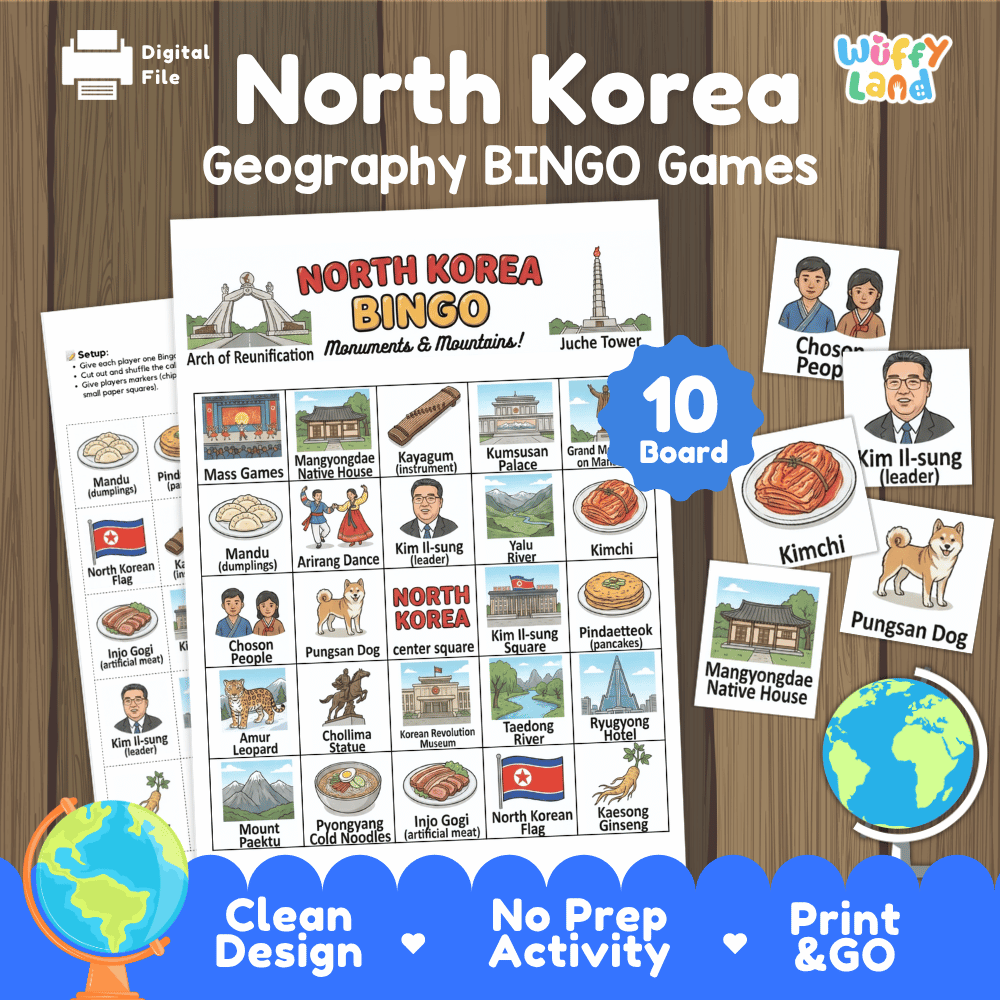Classroom educational Bingo game cards featuring Mount Paektu, Arch of Reunification, Pungsan dog, and Mandu dumplings 🎲🍜