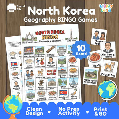 Classroom educational Bingo game cards featuring Mount Paektu, Arch of Reunification, Pungsan dog, and Mandu dumplings 🎲🍜