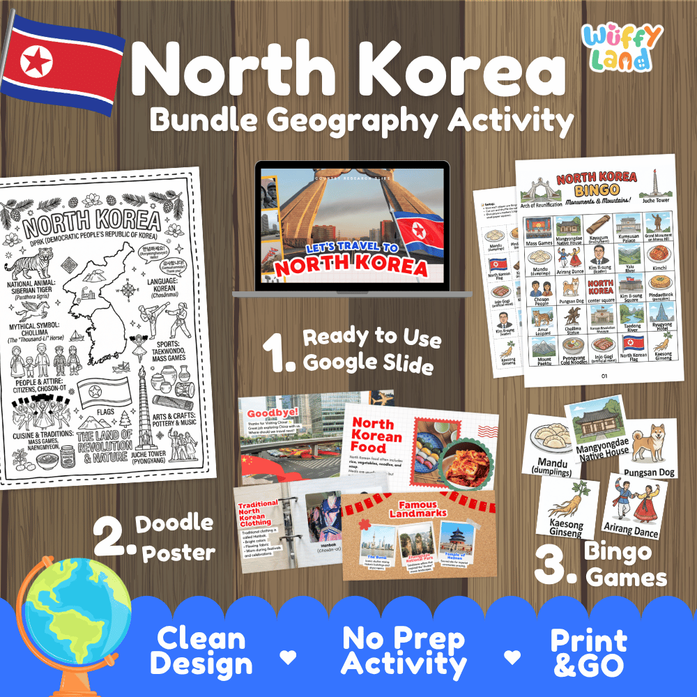 Complete North Korea geography activity bundle featuring Google Slides, doodle coloring poster, and classroom bingo games 🇰🇵🎒
