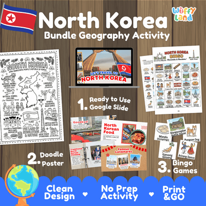 Complete North Korea geography activity bundle featuring Google Slides, doodle coloring poster, and classroom bingo games 🇰🇵🎒