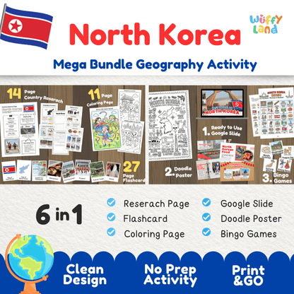 Complete North Korea geography activity bundle featuring Google Slides, doodle coloring poster, and classroom bingo games 🇰🇵🎒