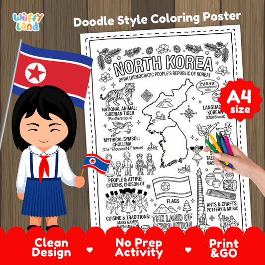 North Korea country study doodle style coloring poster printable page featuring map, Juche Tower, and cultural symbols