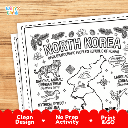 Cultural coloring page featuring traditional Choson-ot attire, Taekwondo martial arts, janggu drum, and Korean greeting speech bubbles
