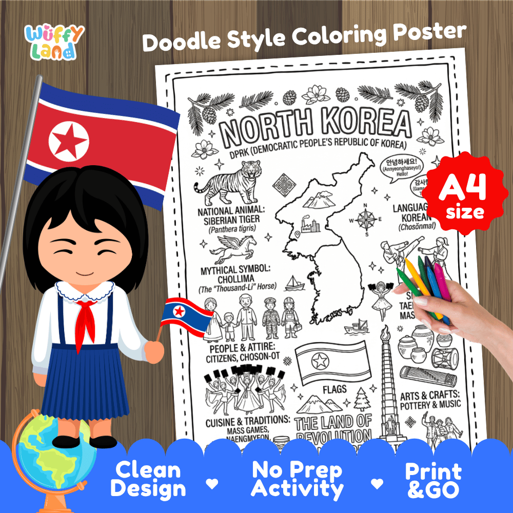 Printable A4 doodle coloring poster highlighting North Korea map, Siberian Tiger, Chollima statue, and Juche Tower 🎨🐅