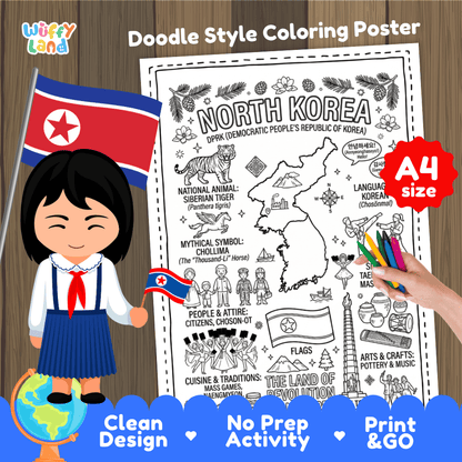 Printable A4 doodle coloring poster highlighting North Korea map, Siberian Tiger, Chollima statue, and Juche Tower 🎨🐅