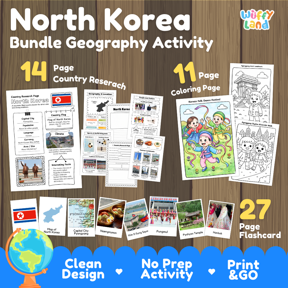 North Korea geography activity bundle cover showing 14 country research pages, 11 coloring pages, and 27 photo flashcards