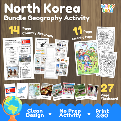 North Korea geography activity bundle cover showing 14 country research pages, 11 coloring pages, and 27 photo flashcards