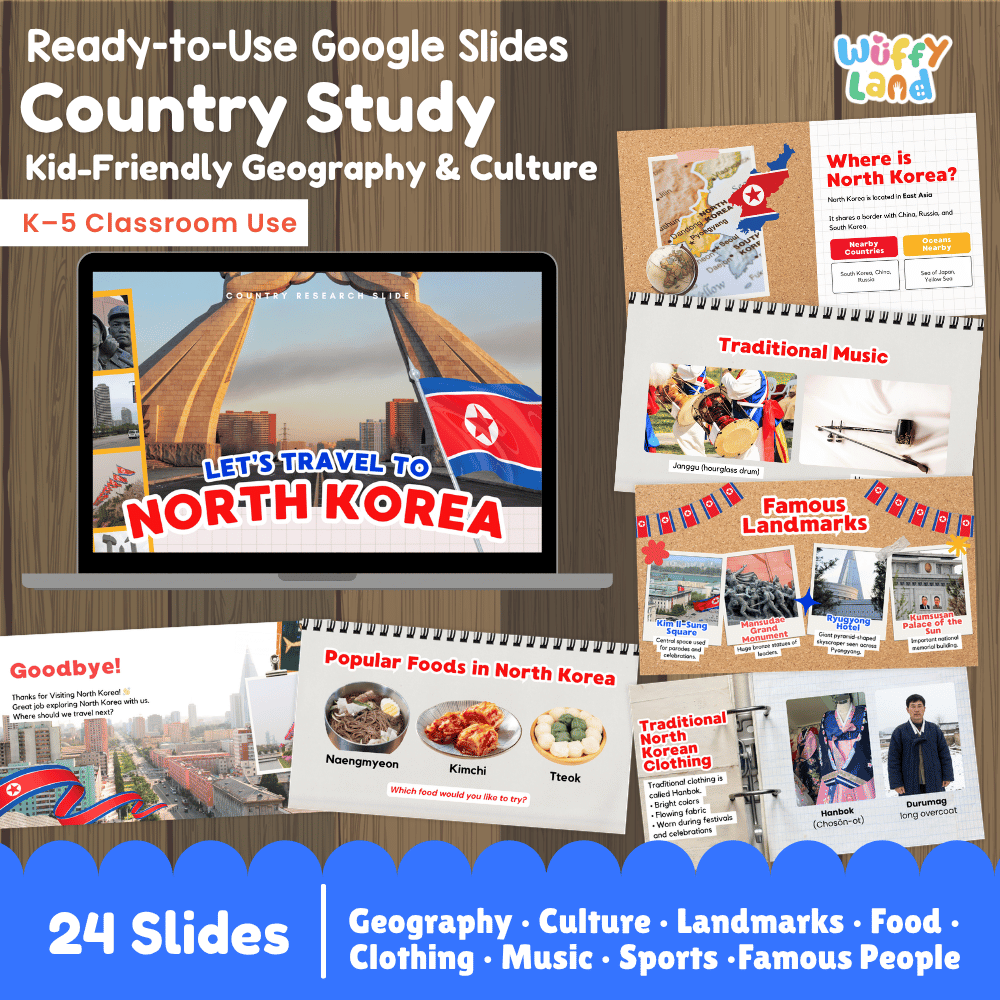 Interactive Google Slides deck displaying famous North Korean landmarks like Juche Tower and traditional cold noodles 💻🏛️