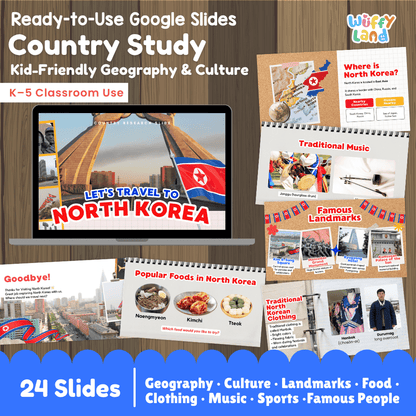 Interactive Google Slides deck displaying famous North Korean landmarks like Juche Tower and traditional cold noodles 💻🏛️