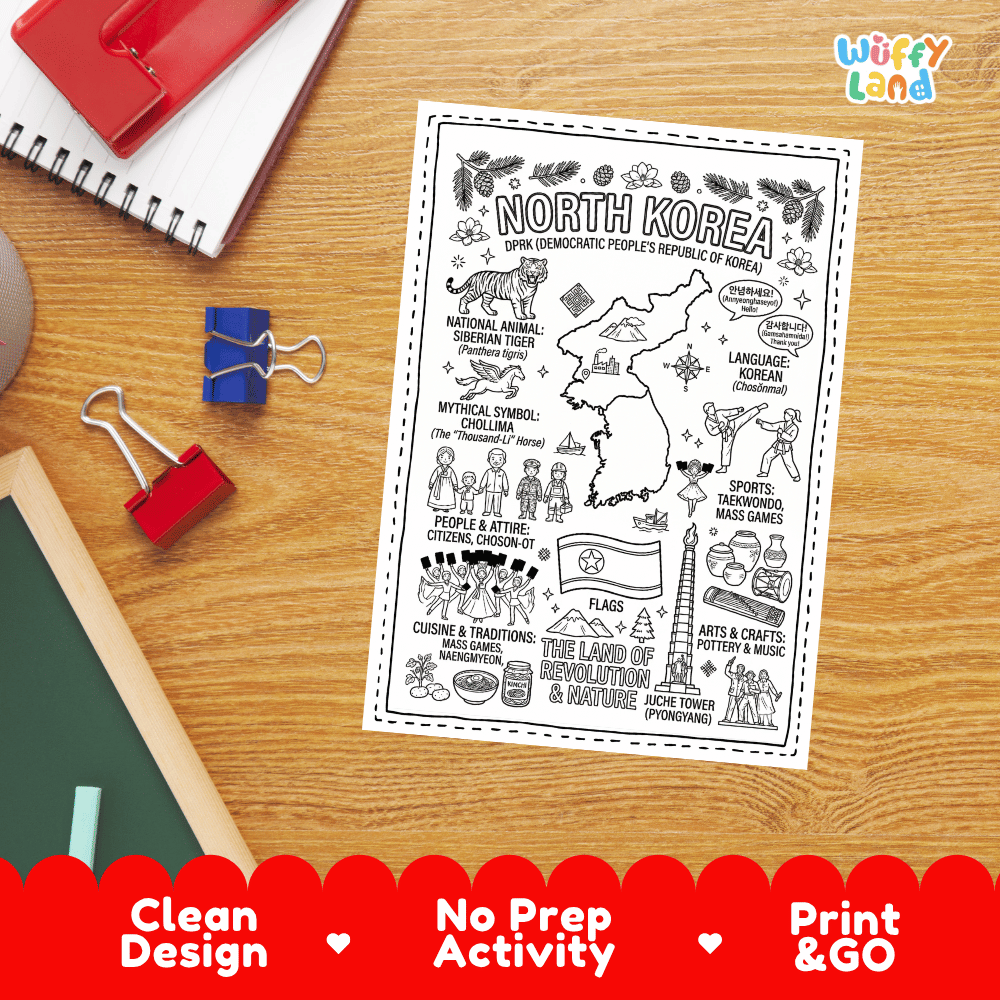 Doodle map coloring sheet showing North Korea, Pyongyang city skyline, Juche Tower, and mountains