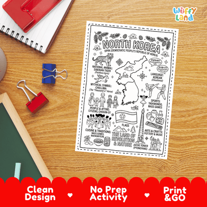 Doodle map coloring sheet showing North Korea, Pyongyang city skyline, Juche Tower, and mountains