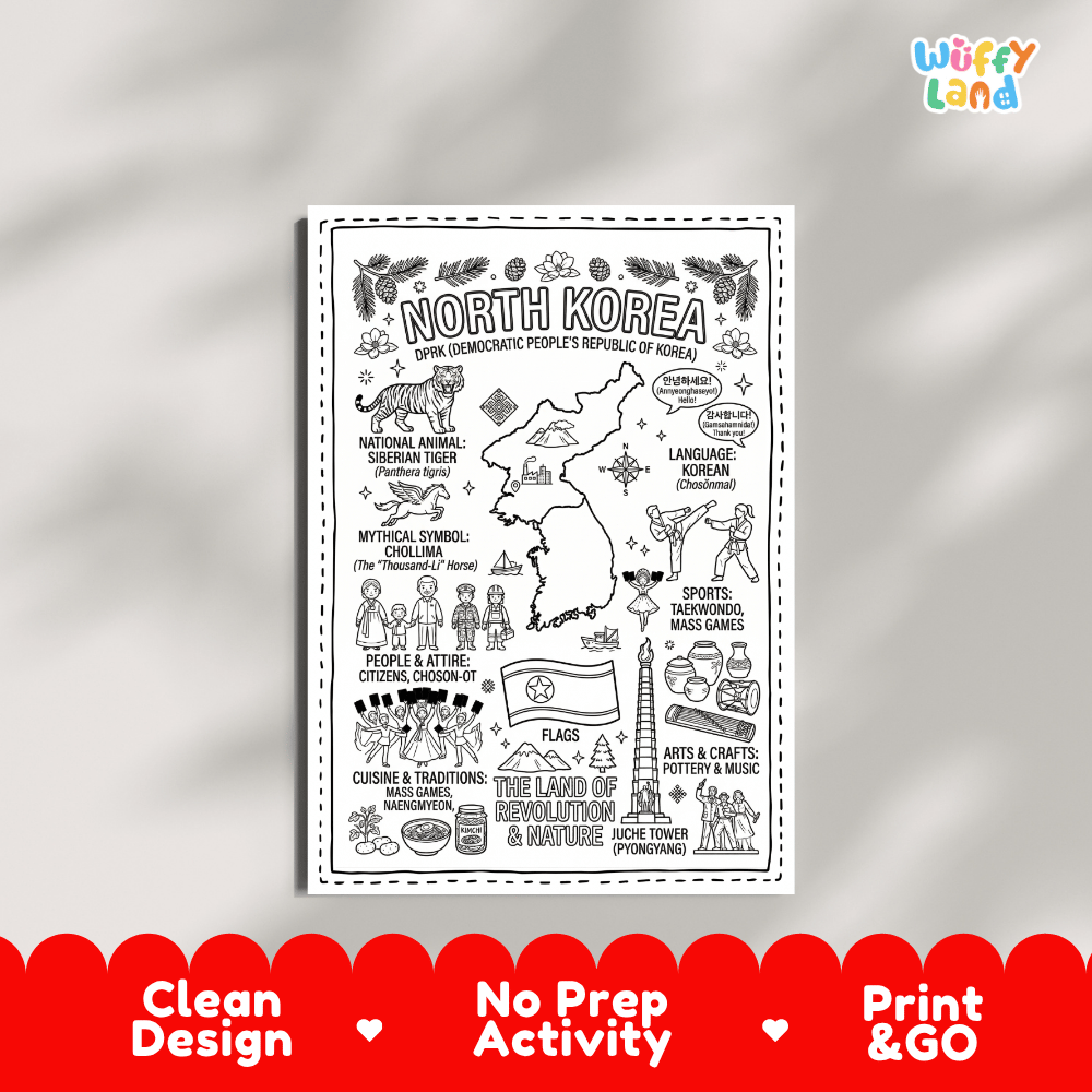 Educational activity coloring page highlighting North Korea Siberian Tiger, winged Chollima horse, and national flag