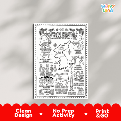 Educational activity coloring page highlighting North Korea Siberian Tiger, winged Chollima horse, and national flag