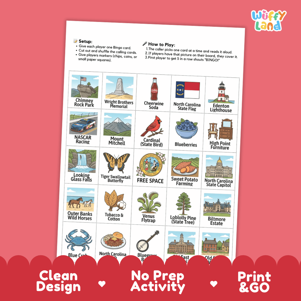 North Carolina Geography BINGO Game Tar Heel State Activity Printable Boards