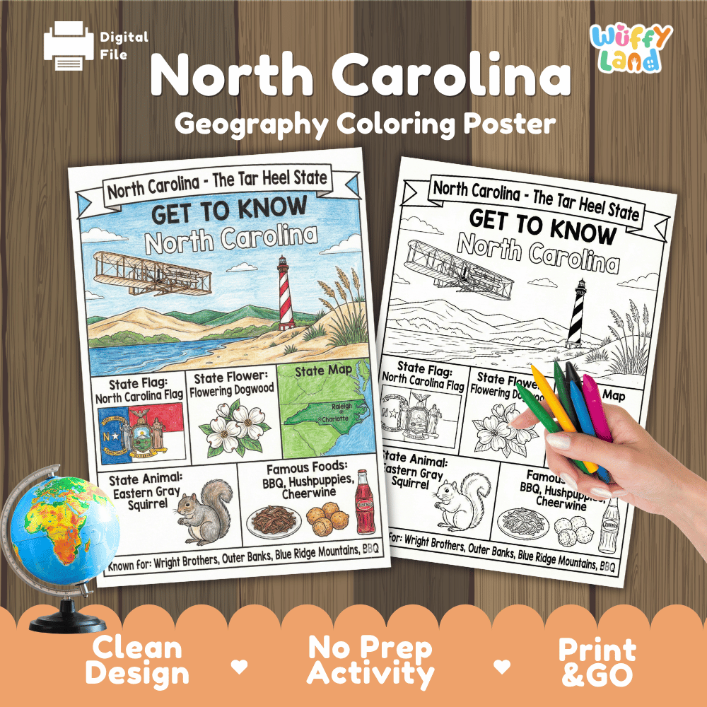North Carolina Geography Coloring Poster Worksheets