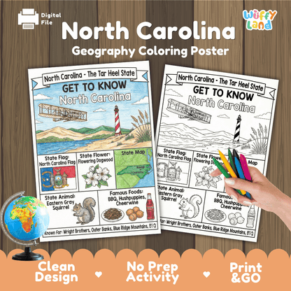 North Carolina Geography Coloring Poster Worksheets