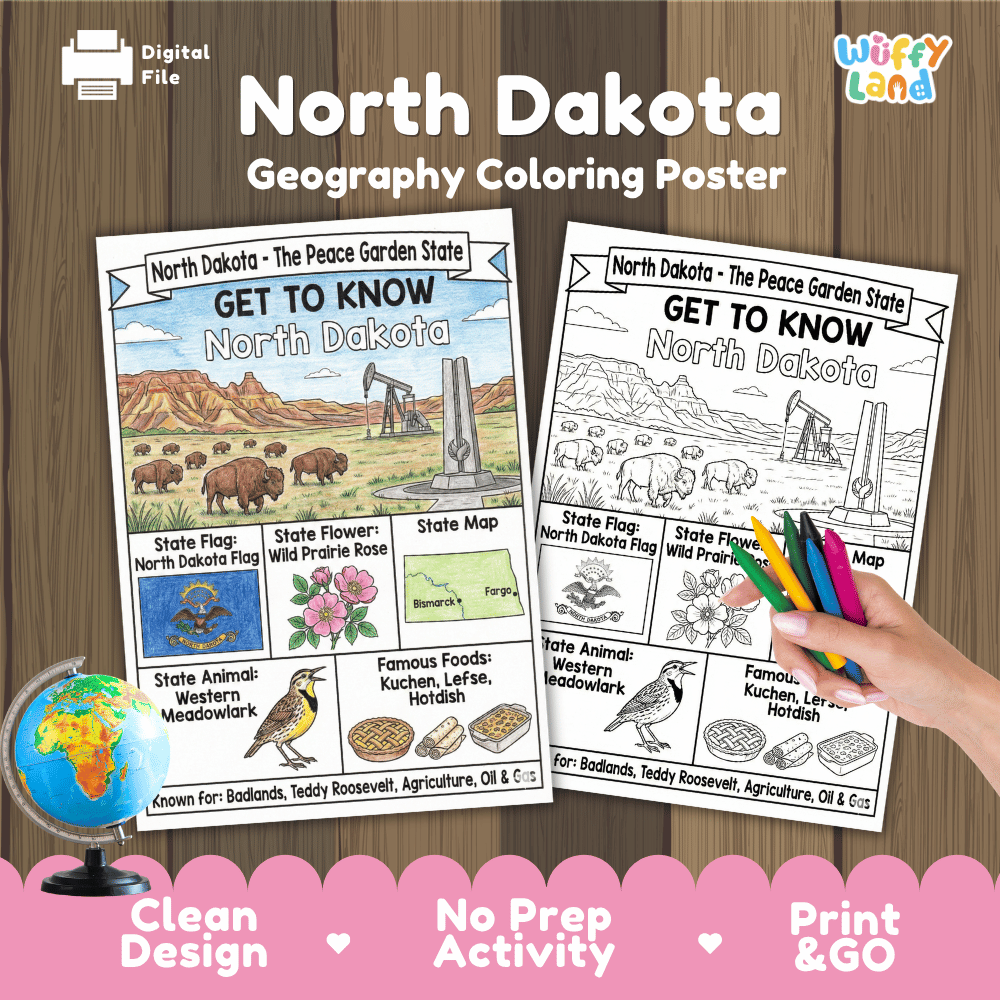 North Dakota Geography Coloring Poster Worksheets