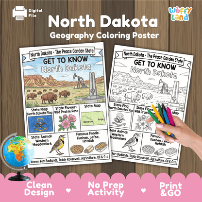 North Dakota Geography Coloring Poster Worksheets