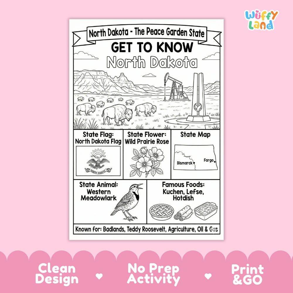 North Dakota Geography Coloring Poster Worksheets