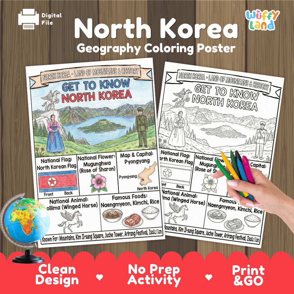 North Korea Geography Coloring Poster and Fact Sheet Printables