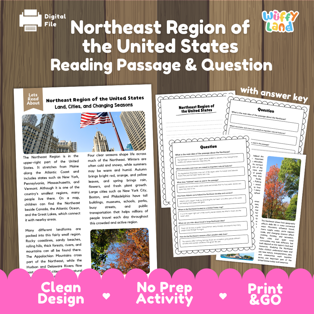Northeast Region of the United States reading comprehension passage and questions printable activity pack with answer key for elementary students