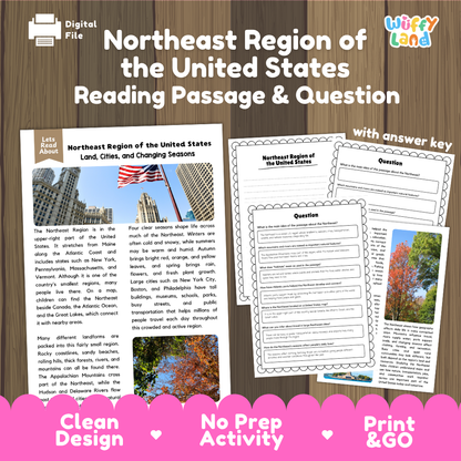 Northeast Region of the United States reading comprehension passage and questions printable activity pack with answer key for elementary students
