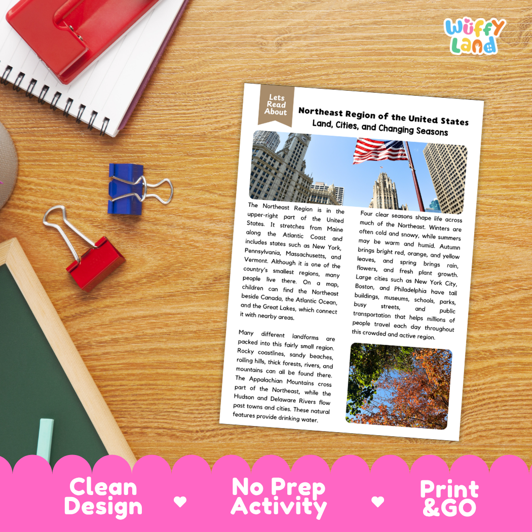 Student reading comprehension worksheet with short-answer questions and lined sections about the Northeast region of the United States