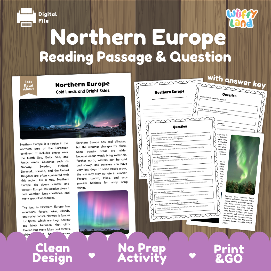 Northern Europe reading comprehension passage and questions printable activity pack with answer key for elementary students