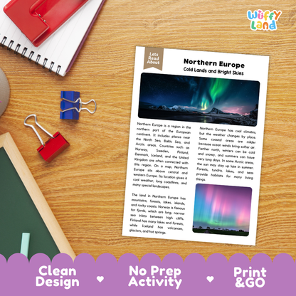 Student reading comprehension worksheet with short-answer questions and lined sections about Northern Europe geography