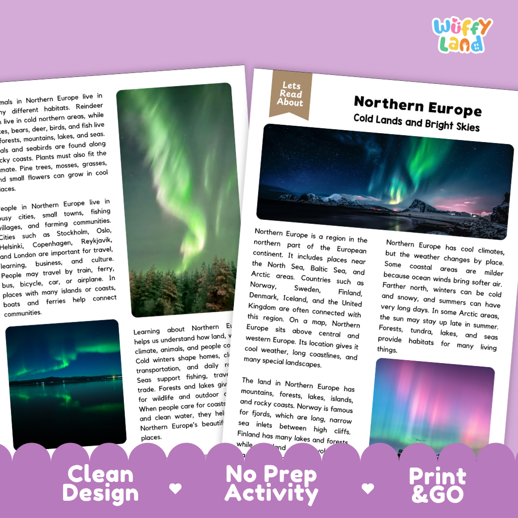 Teacher answer key page showing complete question solutions for Northern Europe social studies reading comprehension practice