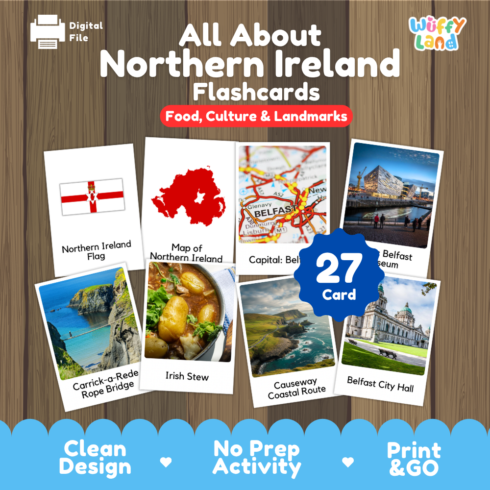 Belfast City Hall garden coloring pages paired with photo flashcards of Titanic Belfast Museum, Carrick-a-Rede Rope Bridge, and Irish Stew