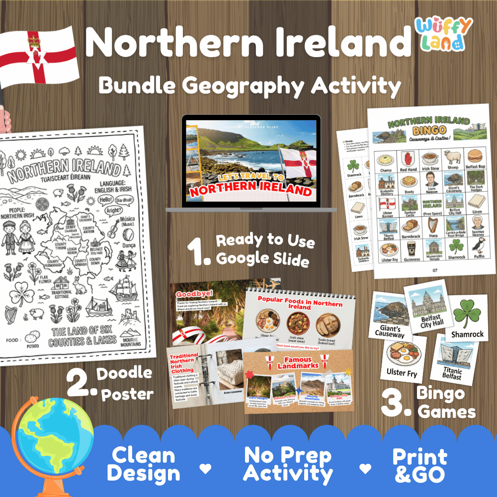 Complete Northern Ireland geography activity bundle featuring Google Slides, doodle coloring poster, and classroom bingo games 🇬🇧🎒
