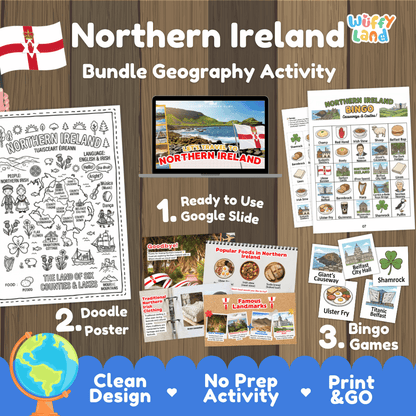 Complete Northern Ireland geography activity bundle featuring Google Slides, doodle coloring poster, and classroom bingo games 🇬🇧🎒