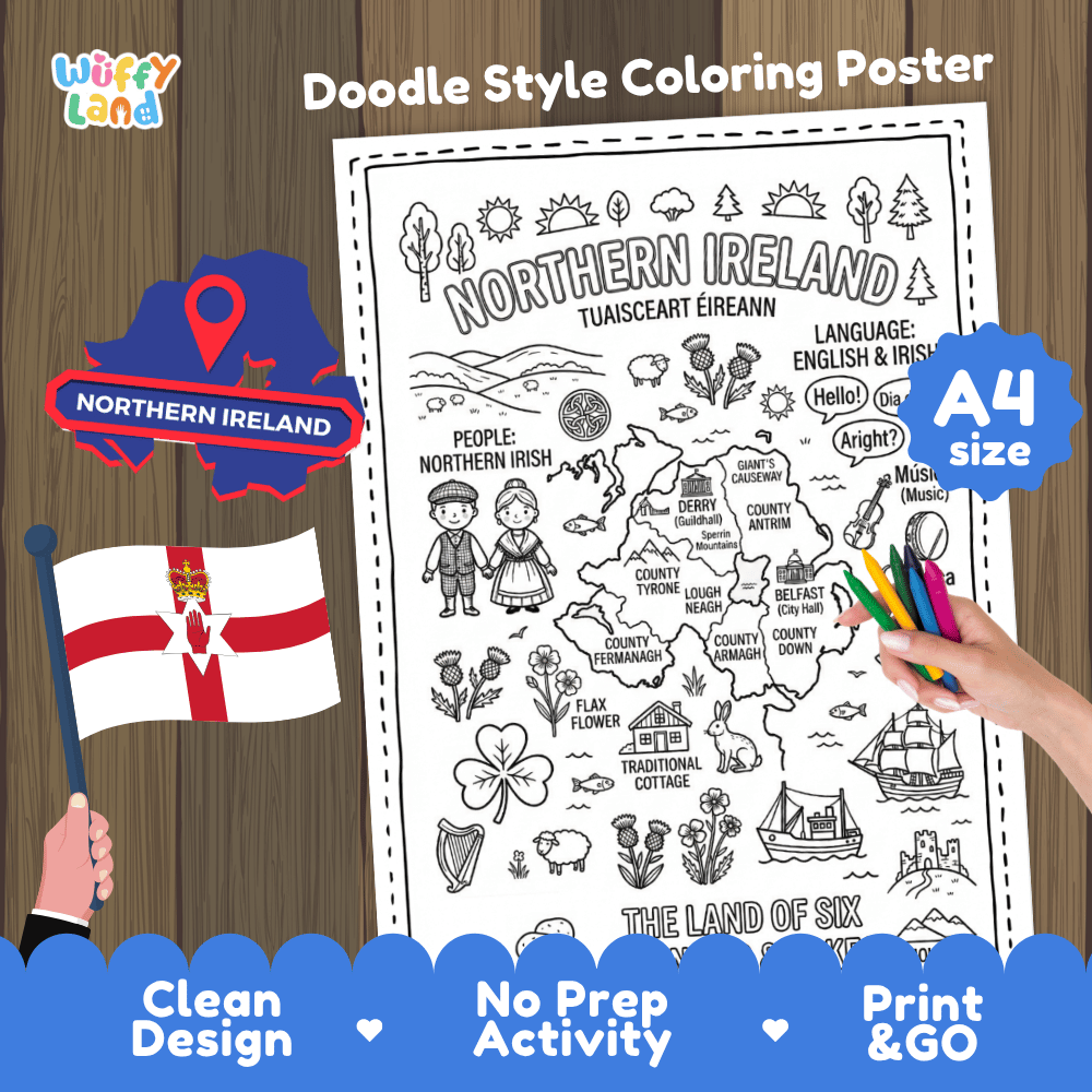 Northern Ireland country study doodle style coloring poster printable page featuring map, landmarks, and cultural symbols