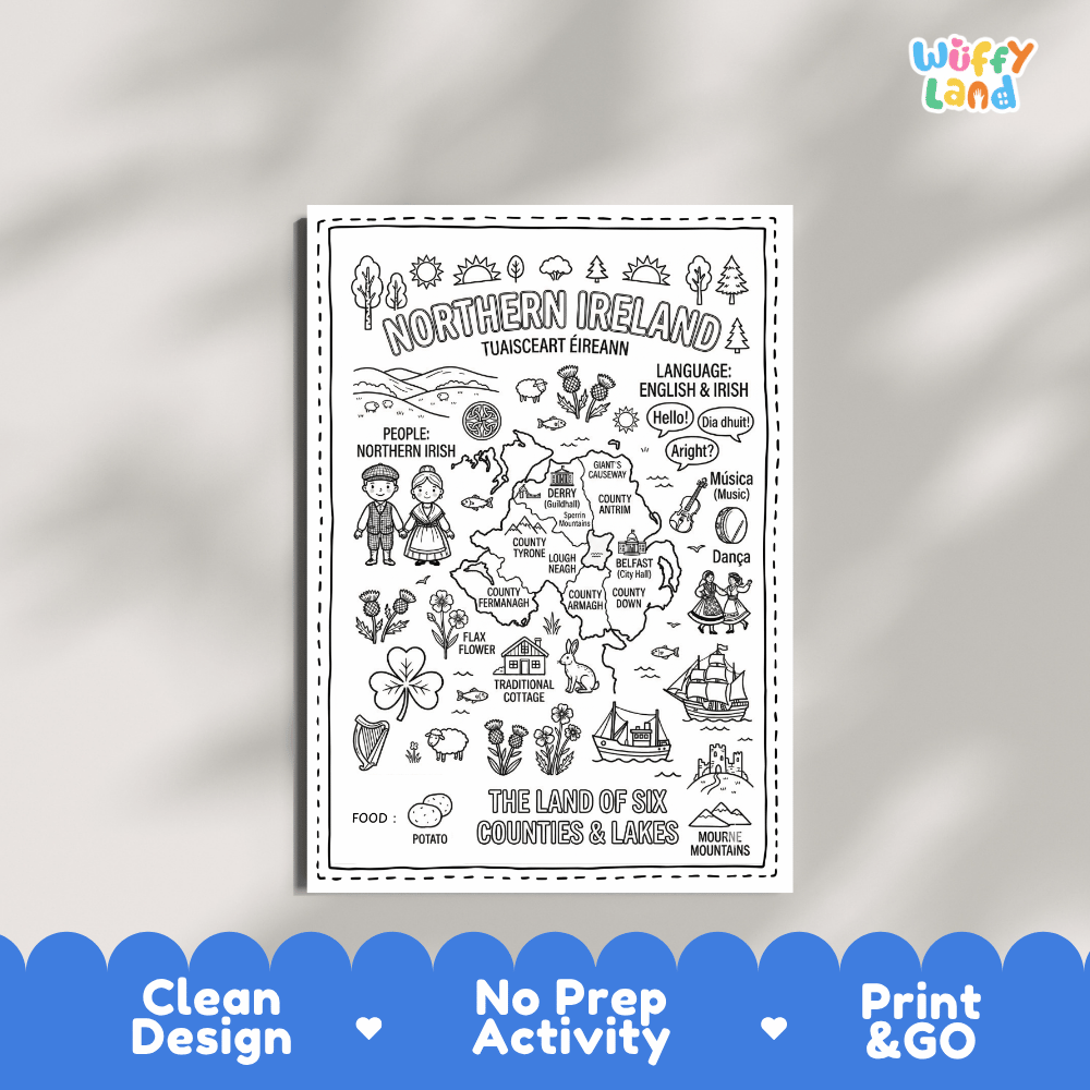 Educational activity coloring page highlighting Northern Ireland's Flax Flower, shamrock, Irish hare, and traditional cottage