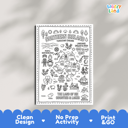 Educational activity coloring page highlighting Northern Ireland's Flax Flower, shamrock, Irish hare, and traditional cottage