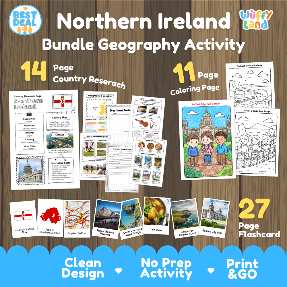 Northern Ireland geography activity bundle cover showing 14 country research pages, 11 coloring pages, and 27 photo flashcards