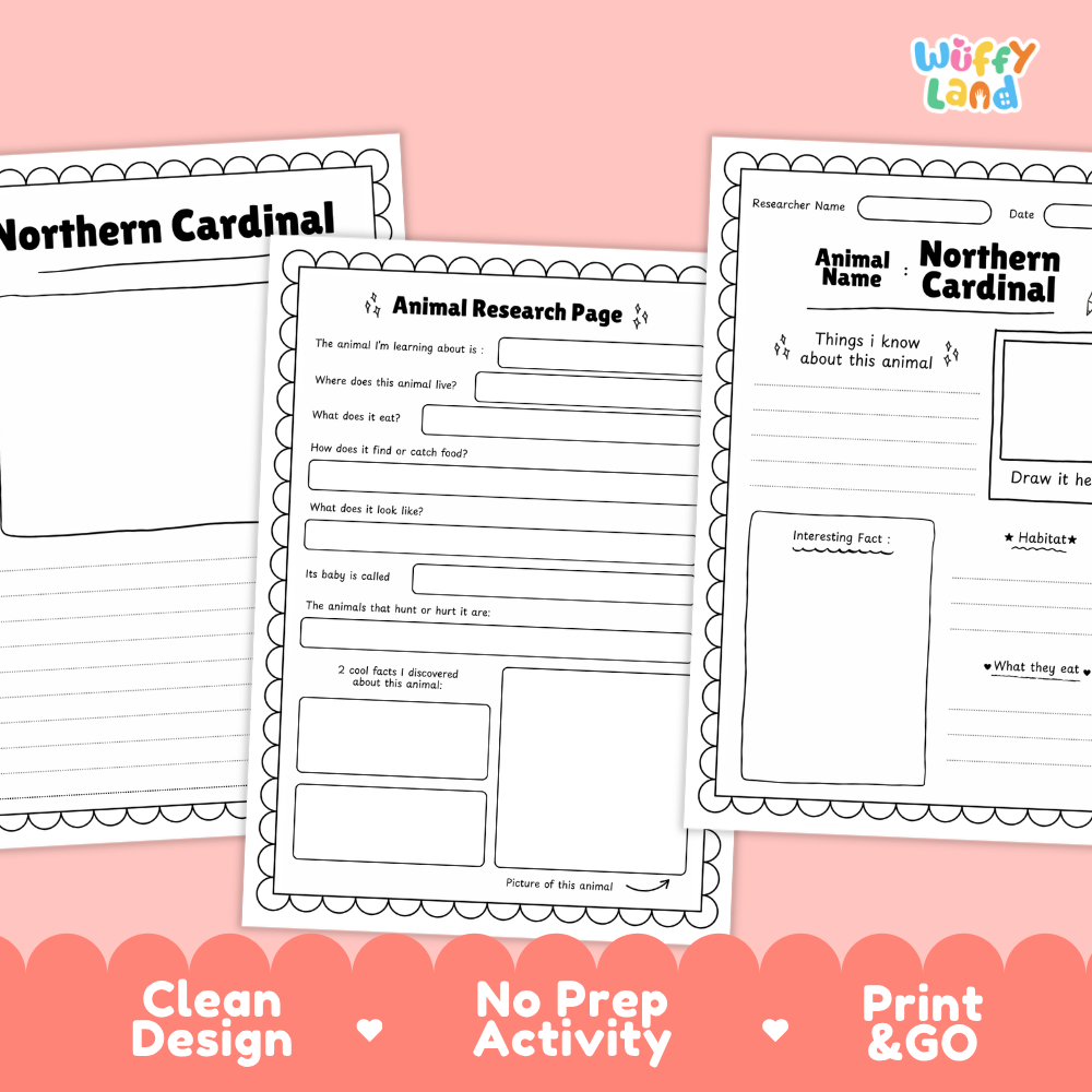 Three printable educational worksheets about the Northern Cardinal animal, displayed on a pink background with a 'Wiffy Land' logo at the top right and marketing text along the bottom.