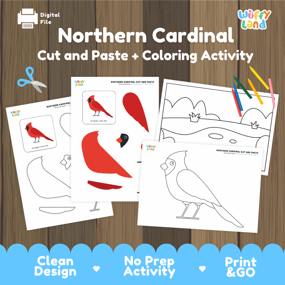 Northern Cardinal Cut and Paste Craft and Coloring Activity Worksheets