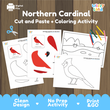Northern Cardinal Cut and Paste Craft and Coloring Activity Worksheets