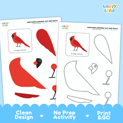 Northern Cardinal Cut and Paste Craft and Coloring Activity Worksheets