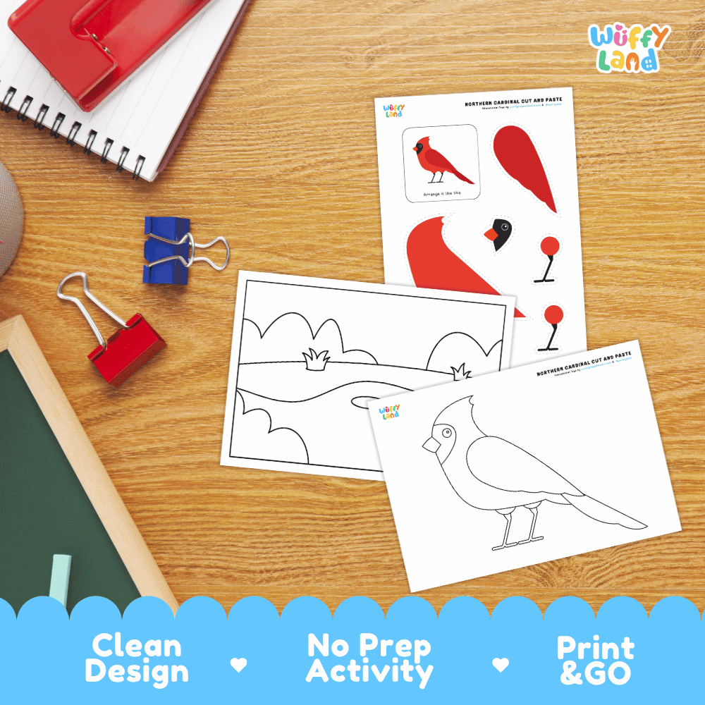 Northern Cardinal Cut and Paste Craft and Coloring Activity Worksheets